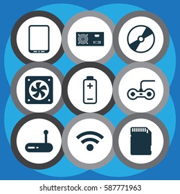 Set Of 9 Computer Hardware Icons. Includes Cellphone, Computer Ventilation, Memory Card And Other Symbols. Beautiful Design Elements.