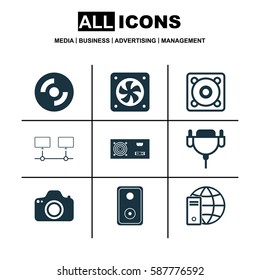 Set Of 9 Computer Hardware Icons. Includes Computer Ventilation, Camera, Music And Other Symbols. Beautiful Design Elements.