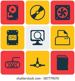 Set Of 9 Computer Hardware Icons. Includes File Scanner, Network Structure, Computer Keypad And Other Symbols. Beautiful Design Elements.