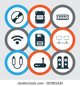 Set Of 9 Computer Hardware Icons. Includes Wireless, Cpu, Diskette And Other Symbols. Beautiful Design Elements.