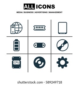 Set Of 9 Computer Hardware Icons. Includes Dynamic Memory, Internet Network, Blank Cd And Other Symbols. Beautiful Design Elements.