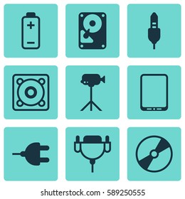 Set Of 9 Computer Hardware Icons. Includes Battery, Camcorder, Cd-Rom And Other Symbols. Beautiful Design Elements.
