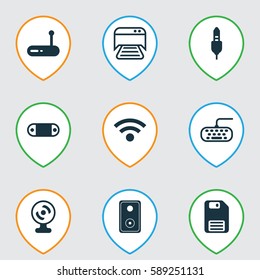 Set Of 9 Computer Hardware Icons. Includes Web Camera, Audio Device, Radio Set And Other Symbols. Beautiful Design Elements.