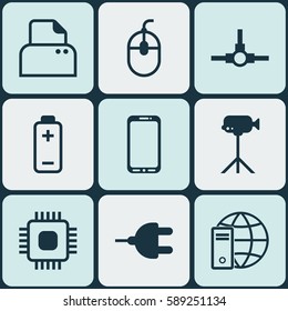 Set Of 9 Computer Hardware Icons. Includes Chip, Internet Network, Camcorder And Other Symbols. Beautiful Design Elements.