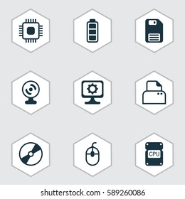 Set Of 9 Computer Hardware Icons. Includes Cd-Rom, PC, Accumulator Sign And Other Symbols. Beautiful Design Elements.