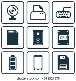 Set Of 9 Computer Hardware Icons. Includes Web Camera, File Scanner, Cpu And Other Symbols. Beautiful Design Elements.
