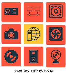 Set Of 9 Computer Hardware Icons. Includes Computer Ventilation, Web Camera, Connected Devices And Other Symbols. Beautiful Design Elements.