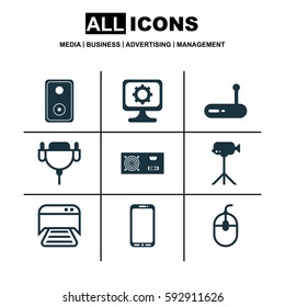 Set Of 9 Computer Hardware Icons. Includes PC, Control Device, Smartphone And Other Symbols. Beautiful Design Elements.