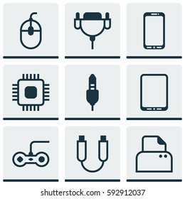 Set Of 9 Computer Hardware Icons. Includes File Scanner, Control Device, Chip And Other Symbols. Beautiful Design Elements.