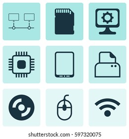 Set Of 9 Computer Hardware Icons. Includes Control Device, PC, File Scanner And Other Symbols. Beautiful Design Elements.