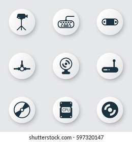 Set Of 9 Computer Hardware Icons. Includes Cpu, Cd-Rom, Camcorder And Other Symbols. Beautiful Design Elements.