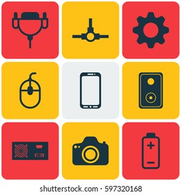 Set Of 9 Computer Hardware Icons. Includes Control Device, Network Structure, Audio Device And Other Symbols. Beautiful Design Elements.