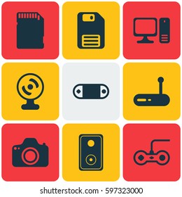 Set Of 9 Computer Hardware Icons. Includes Radio Set, Web Camera, Diskette And Other Symbols. Beautiful Design Elements.