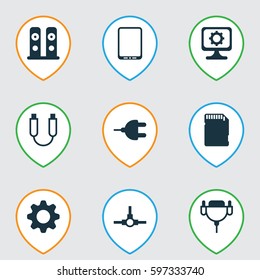 Set Of 9 Computer Hardware Icons. Includes PC, Memory Card, Portable Memory And Other Symbols. Beautiful Design Elements.