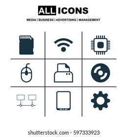 Set Of 9 Computer Hardware Icons. Includes Blank Cd, Control Device, Memory Card And Other Symbols. Beautiful Design Elements.