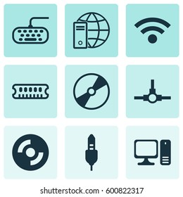 Set Of 9 Computer Hardware Icons. Includes Dynamic Memory, Internet Network, Wireless And Other Symbols. Beautiful Design Elements.