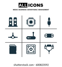 Set Of 9 Computer Hardware Icons. Includes Vga Cord, Radio Set, Memory Card And Other Symbols. Beautiful Design Elements.