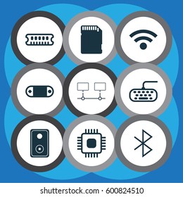 Set Of 9 Computer Hardware Icons. Includes Memory Card, Wireless Connection, Computer Keypad And Other Symbols. Beautiful Design Elements.