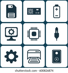 Set Of 9 Computer Hardware Icons. Includes Power Generator, Printed Document, Audio Device And Other Symbols. Beautiful Design Elements.