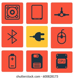 Set Of 9 Computer Hardware Icons. Includes Connector, Cpu, Wireless Connection And Other Symbols. Beautiful Design Elements.