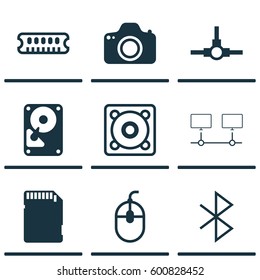 Set Of 9 Computer Hardware Icons. Includes Control Device, Hdd, Wireless Connection And Other Symbols. Beautiful Design Elements.