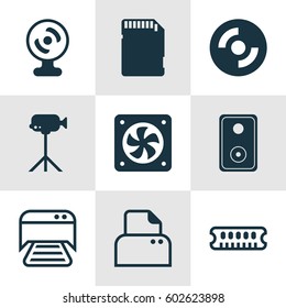 Set Of 9 Computer Hardware Icons. Includes Computer Ventilation, File Scanner, Web Camera And Other Symbols. Beautiful Design Elements.