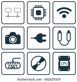 Set Of 9 Computer Hardware Icons. Includes Connector, Connected Devices, Cd-Rom And Other Symbols. Beautiful Design Elements.