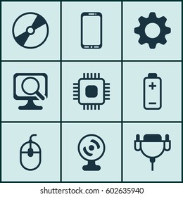 Set Of 9 Computer Hardware Icons. Includes Web Camera, Cd-Rom, Vga Cord And Other Symbols. Beautiful Design Elements.