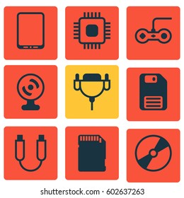 Set Of 9 Computer Hardware Icons. Includes Cd-Rom, Web Camera, Diskette And Other Symbols. Beautiful Design Elements.