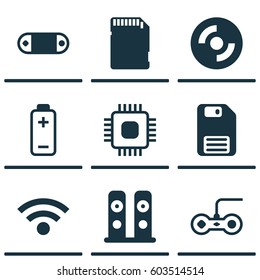 Set Of 9 Computer Hardware Icons. Includes Memory Card, Battery, Joystick And Other Symbols. Beautiful Design Elements.