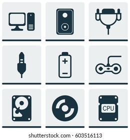 Set Of 9 Computer Hardware Icons. Includes Aux Cord, Desktop Computer, Joystick And Other Symbols. Beautiful Design Elements.