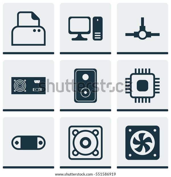 Set Of
9 Computer Hardware Icons. Includes Computer Ventilation, Music,
Chip And Other Symbols. Beautiful Design
Elements.