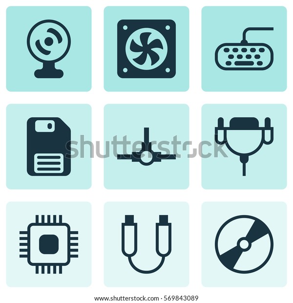 Set Of 9 Computer Hardware Icons. Includes\
Network Structure, Portable Memory, Diskette And Other Symbols.\
Beautiful Design Elements.