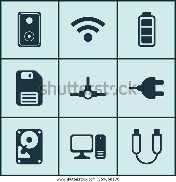Set Of 9 Computer Hardware Icons. Includes\
Network Structure, Portable Memory, Wireless And Other Symbols.\
Beautiful Design Elements.