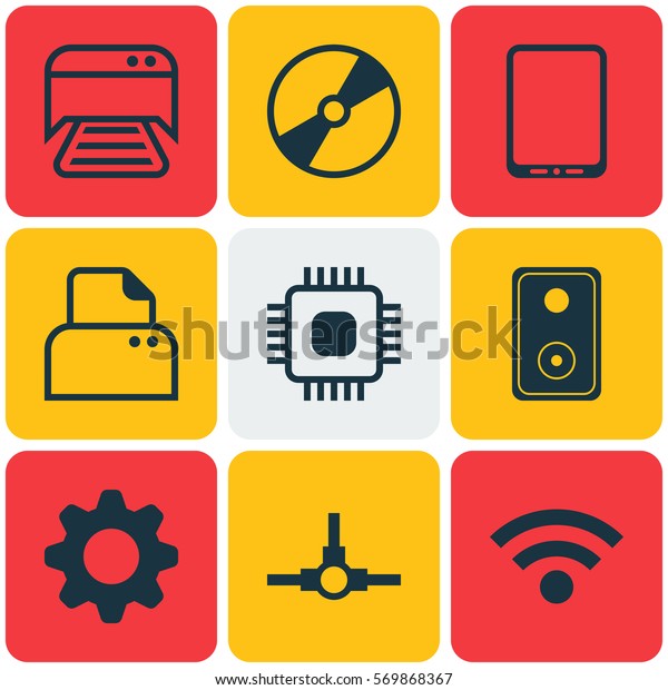 Set Of 9 Computer Hardware Icons. Includes\
Cellphone, File Scanner, Wireless And Other Symbols. Beautiful\
Design Elements.