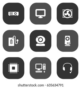 Set Of 9 Computer Icons Set.Collection Of Computer, Fan, Record And Other Elements.