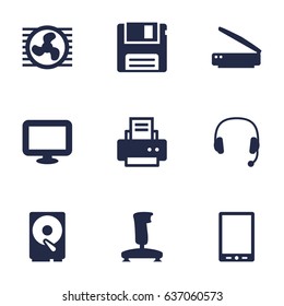 Set Of 9 Computer Icons Set.Collection Of Diskette, Display, Joystick And Other Elements.