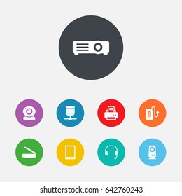 Set Of 9 Computer Icons Set.Collection Of Datacenter, Amplifier, Show And Other Elements.