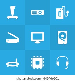 Set Of 9 Computer Icons Set.Collection Of Router, Hard Disk, Headset And Other Elements.