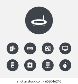 Set Of 9 Computer Icons Set.Collection Of Amplifier, Router, Display And Other Elements.
