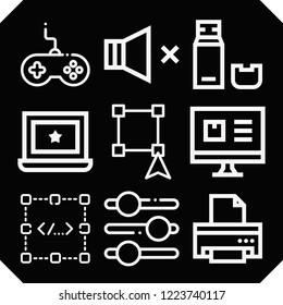 Set of 9 computer outline icons such as slider tool, gamepad, select, computer, coding, mute, usb, printer