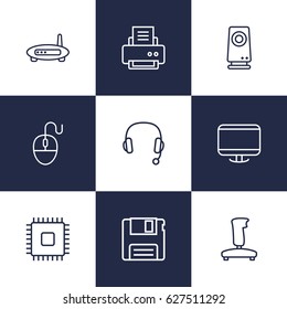 Set Of 9 Computer Outline Icons Set.Collection Of Monitor, Speaker, Cpu And Other Elements.