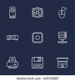 Set Of 9 Computer Outline Icons Set.Collection Of Server, Speaker, Cpu And Other Elements.