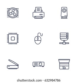 Set Of 9 Computer Outline Icons Set.Collection Of Cooler, Projector, Computer Mouse And Other Elements.