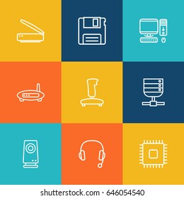 Set Of 9 Computer Outline Icons Set.Collection Of Cpu, Floppy, Gamepad And Other Elements.