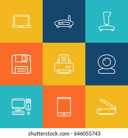 Set Of 9 Computer Outline Icons Set.Collection Of Notebook, Floppy, PC And Other Elements.