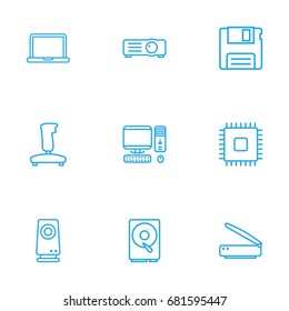 Set Of 9 Computer Outline Icons Set.Collection Of Notebook, Hdd, Gamepad And Other Elements.