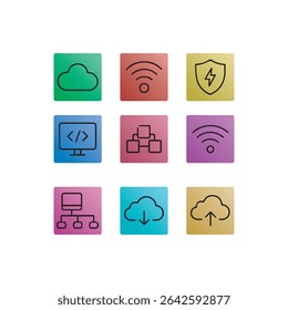 Conjunto de 9 Ícones de Computador e Tecnologia - Símbolos Vetoriais de Dispositivos, Hardware e Tecnologia Digital. Estilo de ilustração de linha simples.