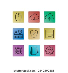 Set of 9 Computer and Technology Icons – Vector Symbols of Devices, Hardware, and Digital Tech. Simple line illustration style.