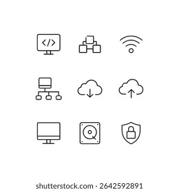 Conjunto de 9 Ícones de Computador e Tecnologia - Símbolos Vetoriais de Dispositivos, Hardware e Tecnologia Digital. Estilo de ilustração de linha simples.